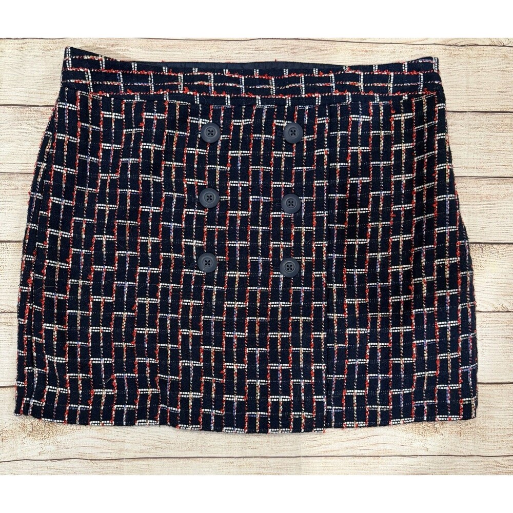 Ann Taylor LOFT Faux Wrap Skirt Navy Red White Plaid Buttons Zip Lined A-Line 14